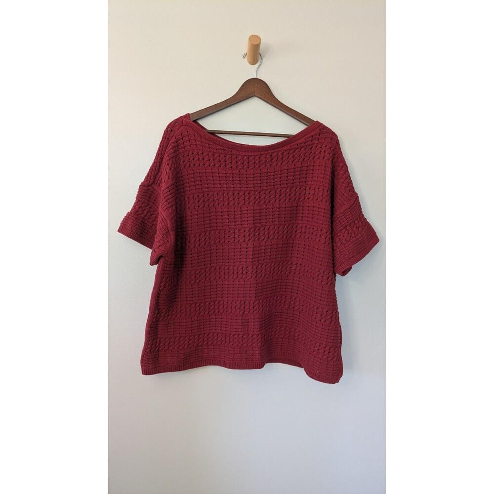 Talbots Womens Open Knit Sweater 3X Short Sleeve Textured Bateau Neck Red Cotton